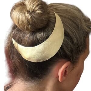 Artisan Handmade Large Metallic Gold Leather Crescent Moon Celestial hair comb